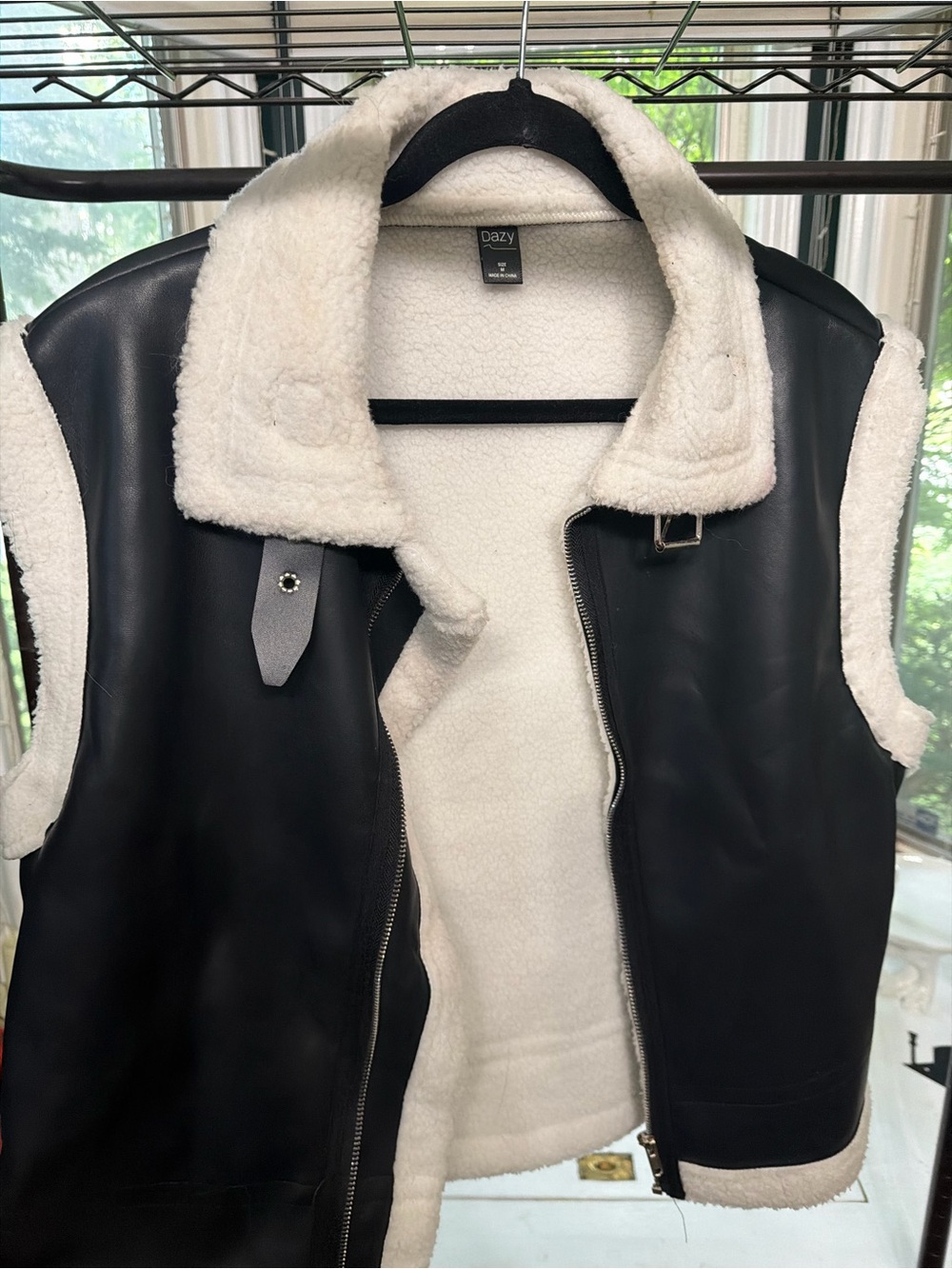 Dazy Black Faux Leather Teddy Vest with Cream Sherpa Lining